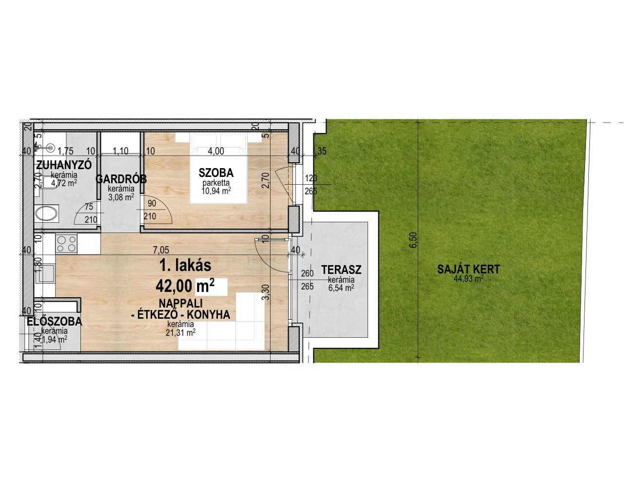 1. Lakás alaprajza — Földszint · 42 m² · Nappali + 1 hálószoba