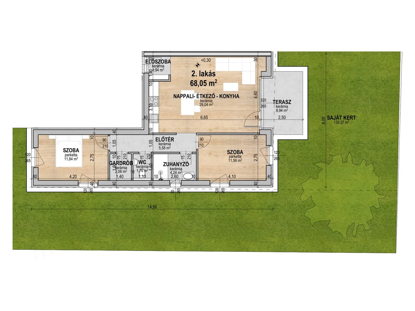 2. Lakás alaprajza — Földszint · 68,05 m² · Nappali + 2 hálószoba
