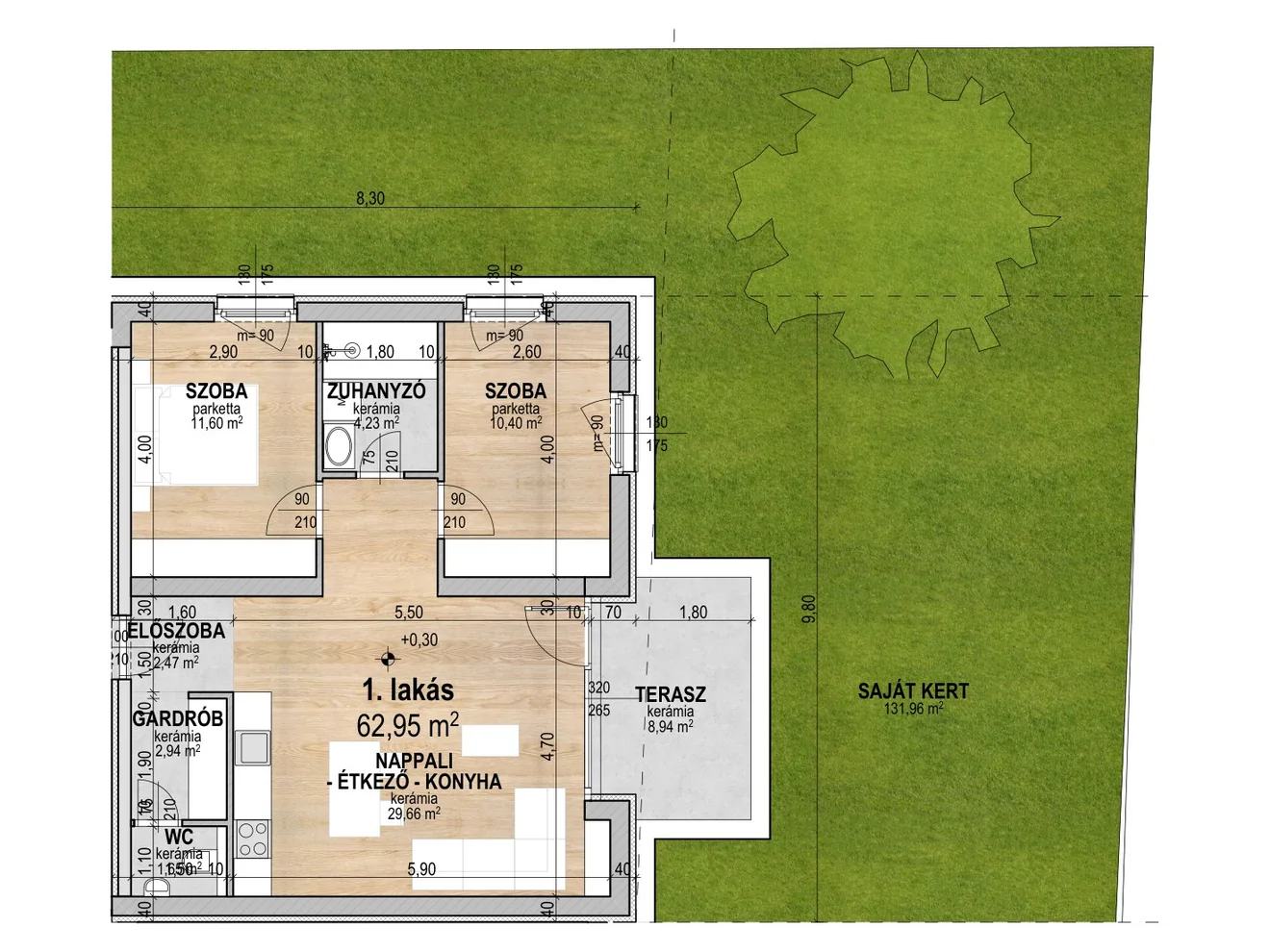 3. Lakás alaprajza — Földszint · 62,95 m² · Nappali + 2 hálószoba