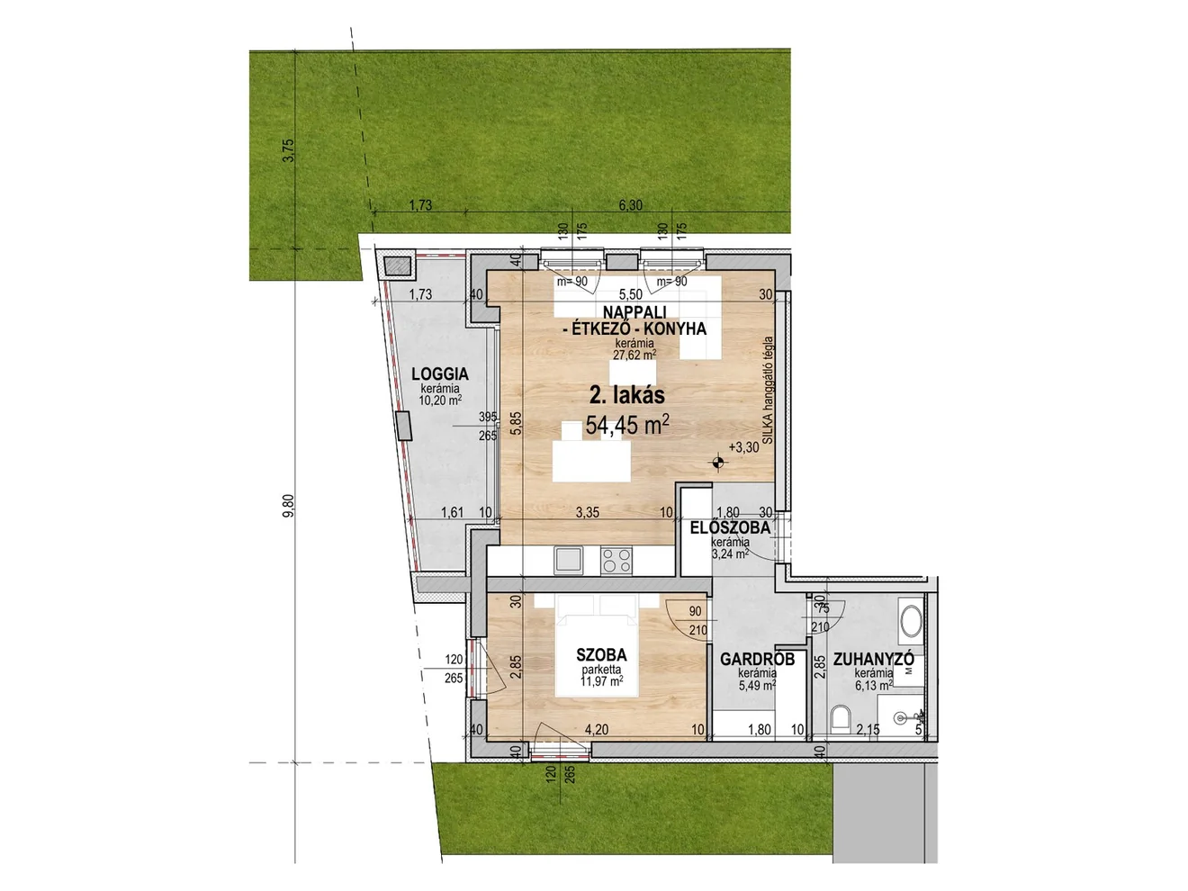 4. Lakás alaprajza — Emelet · 59,55 m² · Nappali + 1 hálószoba